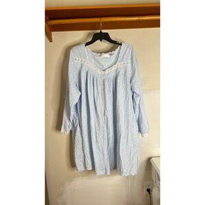 Eileen West Blue Floral Cotton Nightgown 3X Lace Trim Long Sleeve Button Front